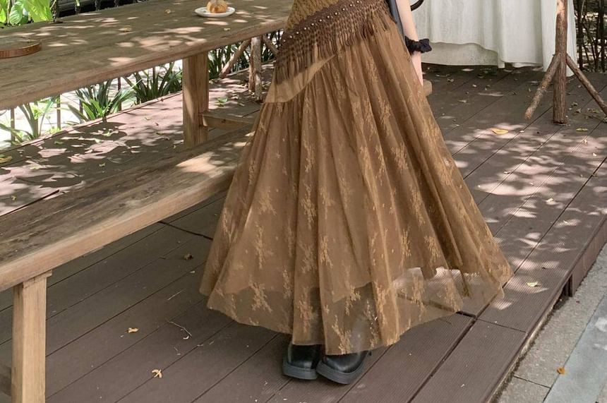 Sleeveless V-Neck Fringed Lace Maxi A-Line Dress