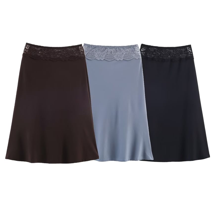 Lace Panel Satin Midi Skirt - Altfashion Shop