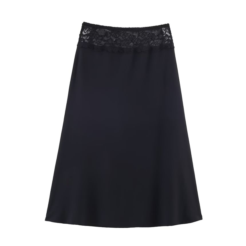 Lace Panel Satin Midi Skirt - Altfashion Shop