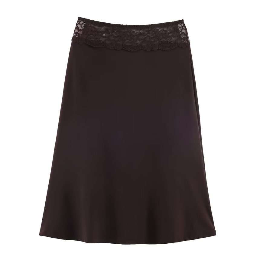 Lace Panel Satin Midi Skirt - Altfashion Shop