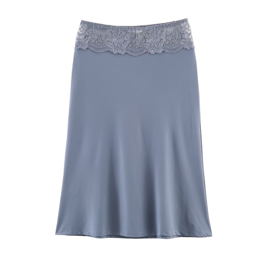 Lace Panel Satin Midi Skirt - Altfashion Shop