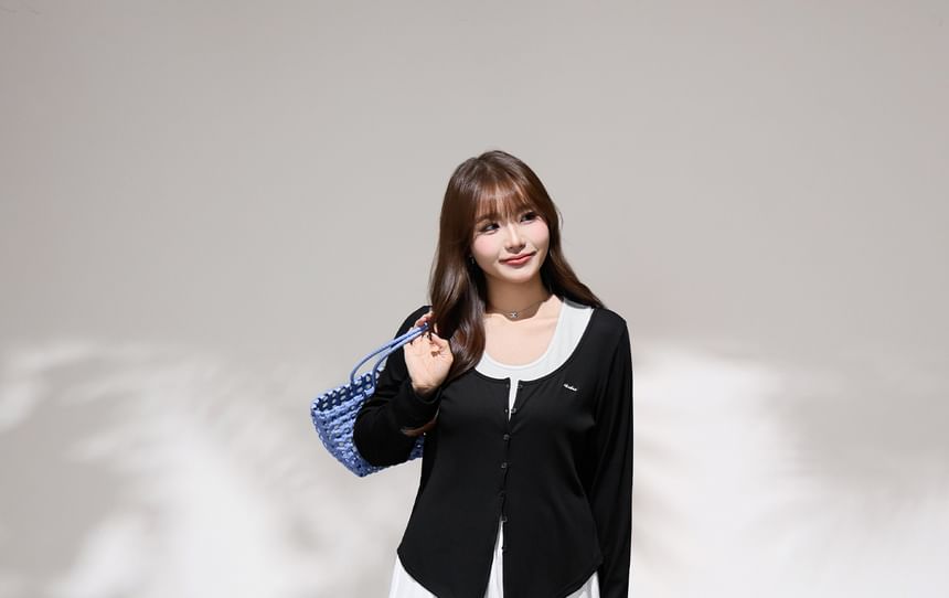 Scoop Neck Button-Up Plain Cardigan / Sleeveless Midi A-Line Dress