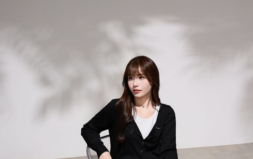 Scoop Neck Button-Up Plain Cardigan / Sleeveless Midi A-Line Dress