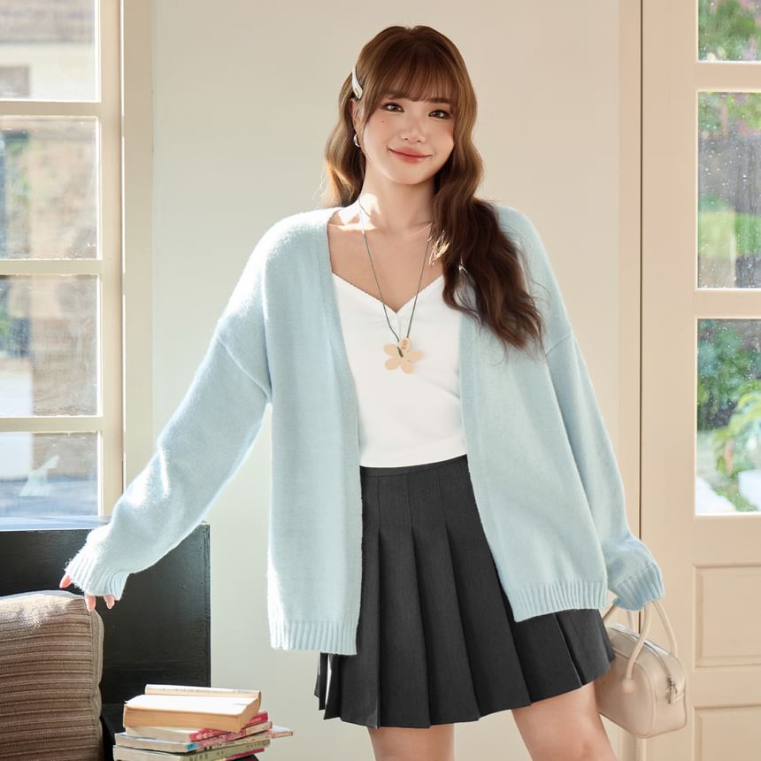 V-Neck Plain Open Front Cardigan