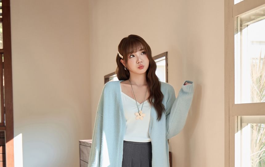 V-Neck Plain Open Front Cardigan
