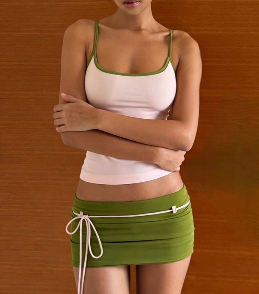 Contrast-Trim Camisole & Tie-Waist Pencil Skirt Set - Altfashion Shop