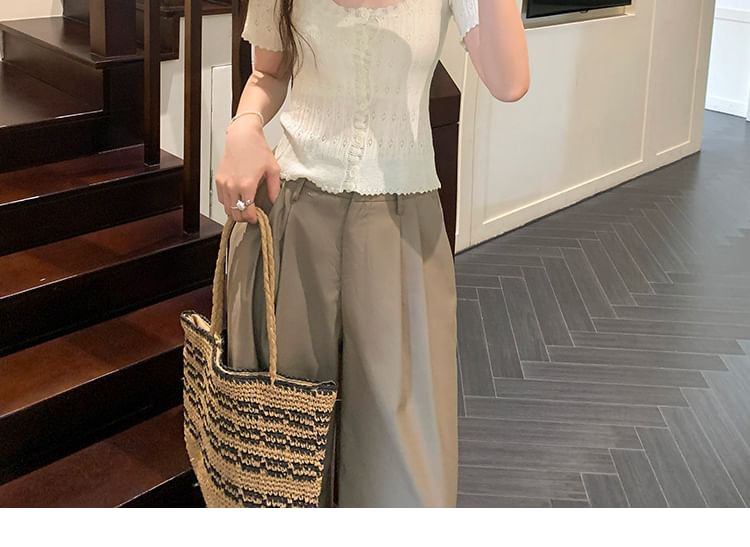 Short Sleeve Scoop Neck Button-Up Plain Knit Shirt