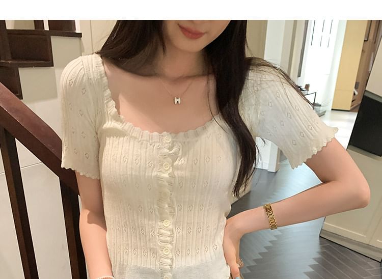 Short Sleeve Scoop Neck Button-Up Plain Knit Shirt