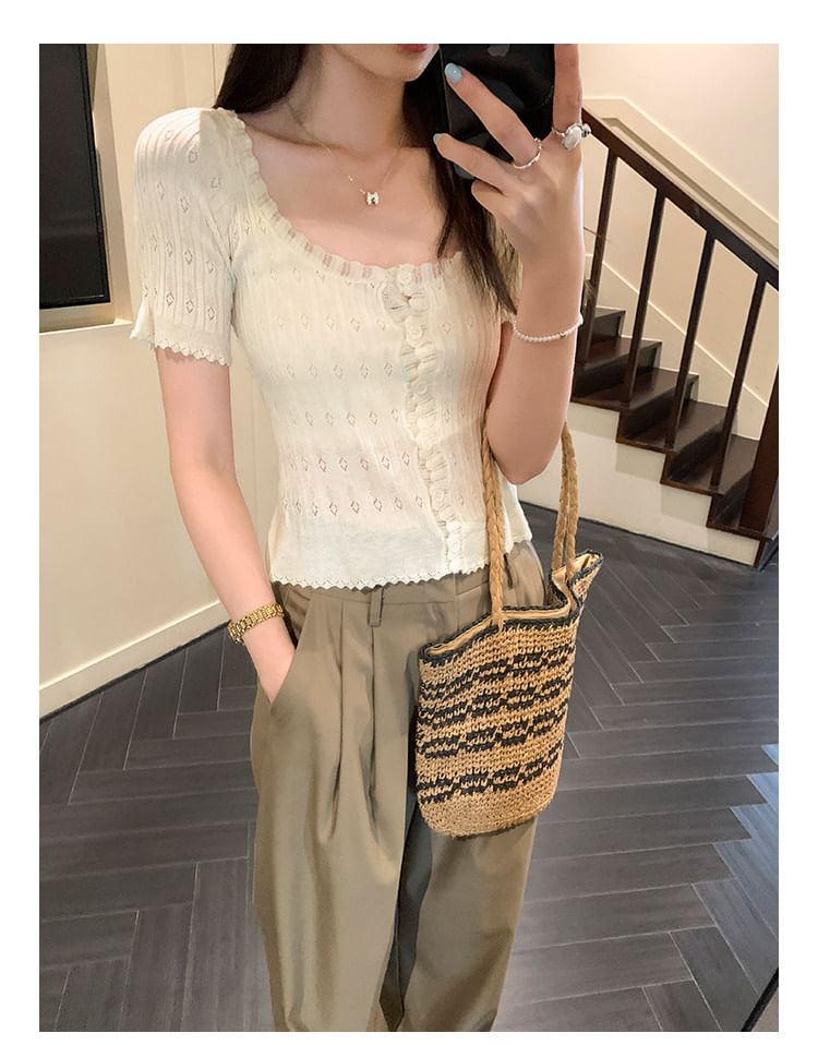 Short Sleeve Scoop Neck Button-Up Plain Knit Shirt