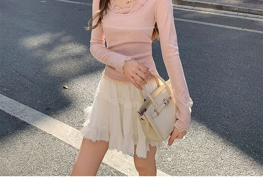 Cutout Long-Sleeve Knit Top with Mock Layer