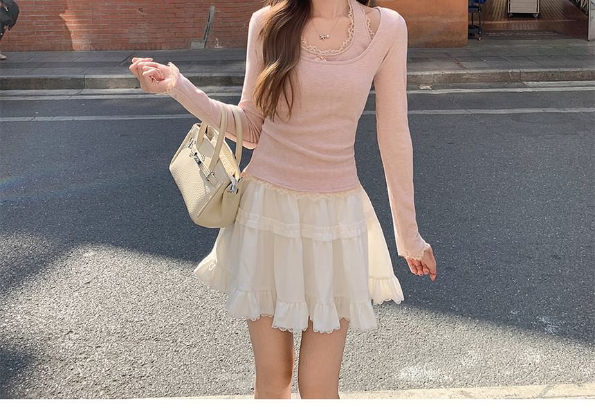 Cutout Long-Sleeve Knit Top with Mock Layer
