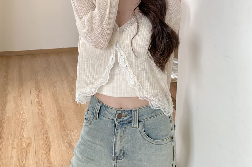 V-Neck Lace Trim Ribbed Crop Cardigan
