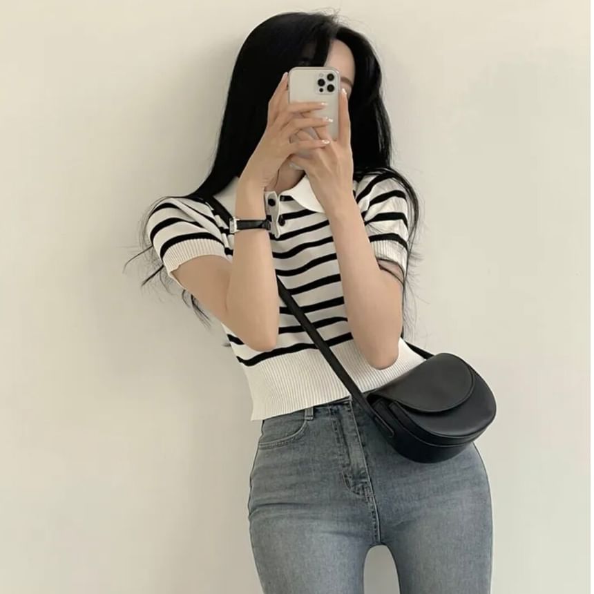 Striped Knit Polo Crop Top with Short Sleeves
