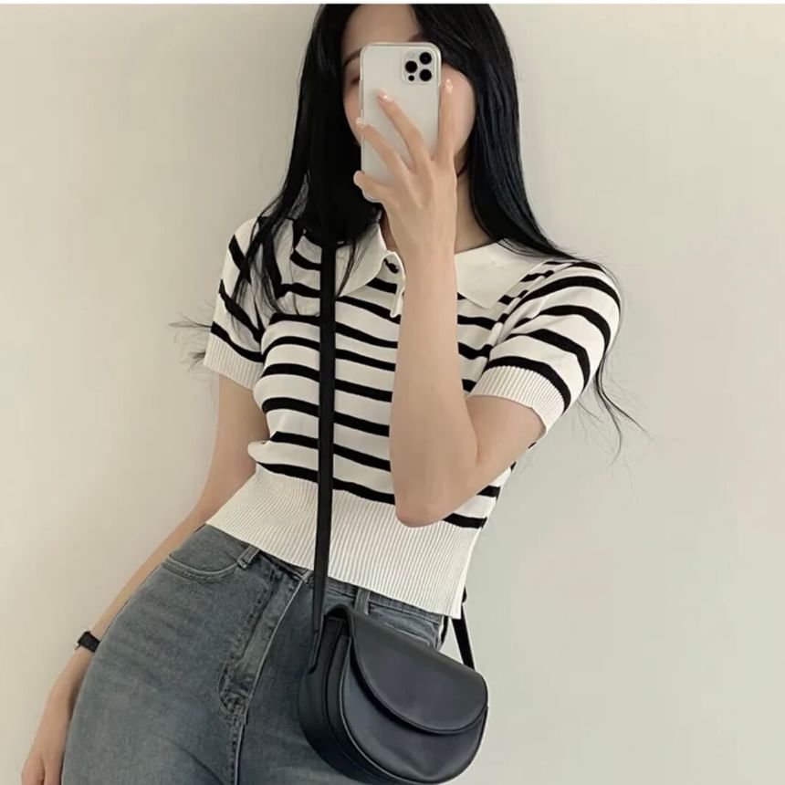 Striped Knit Polo Crop Top with Short Sleeves