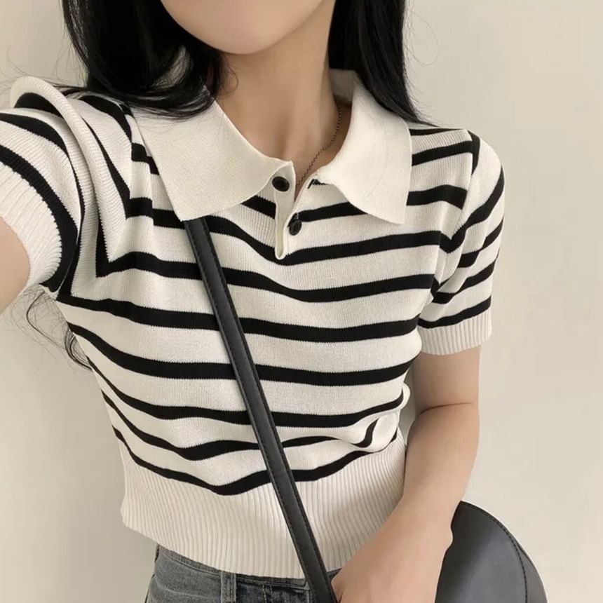Striped Knit Polo Crop Top with Short Sleeves