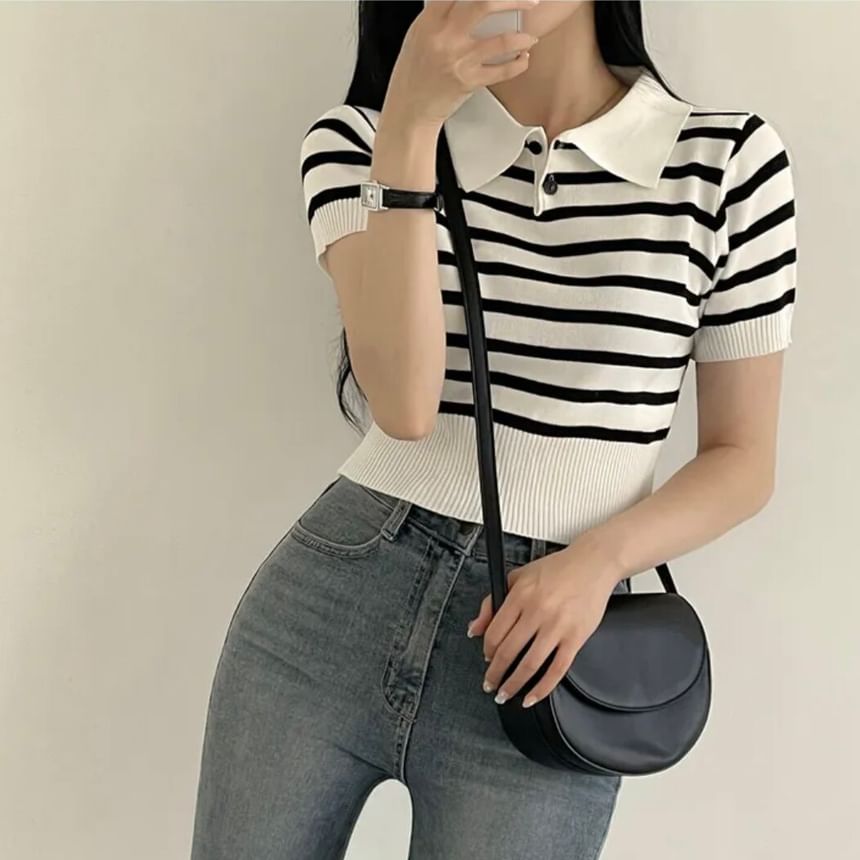 Striped Knit Polo Crop Top with Short Sleeves