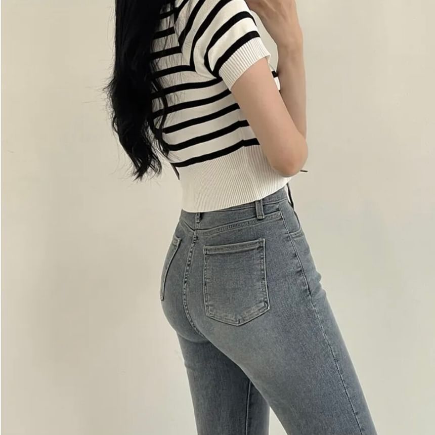 Striped Knit Polo Crop Top with Short Sleeves