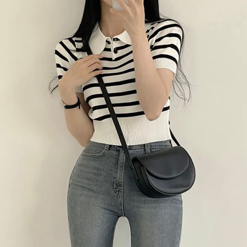 Striped Knit Polo Crop Top with Short Sleeves