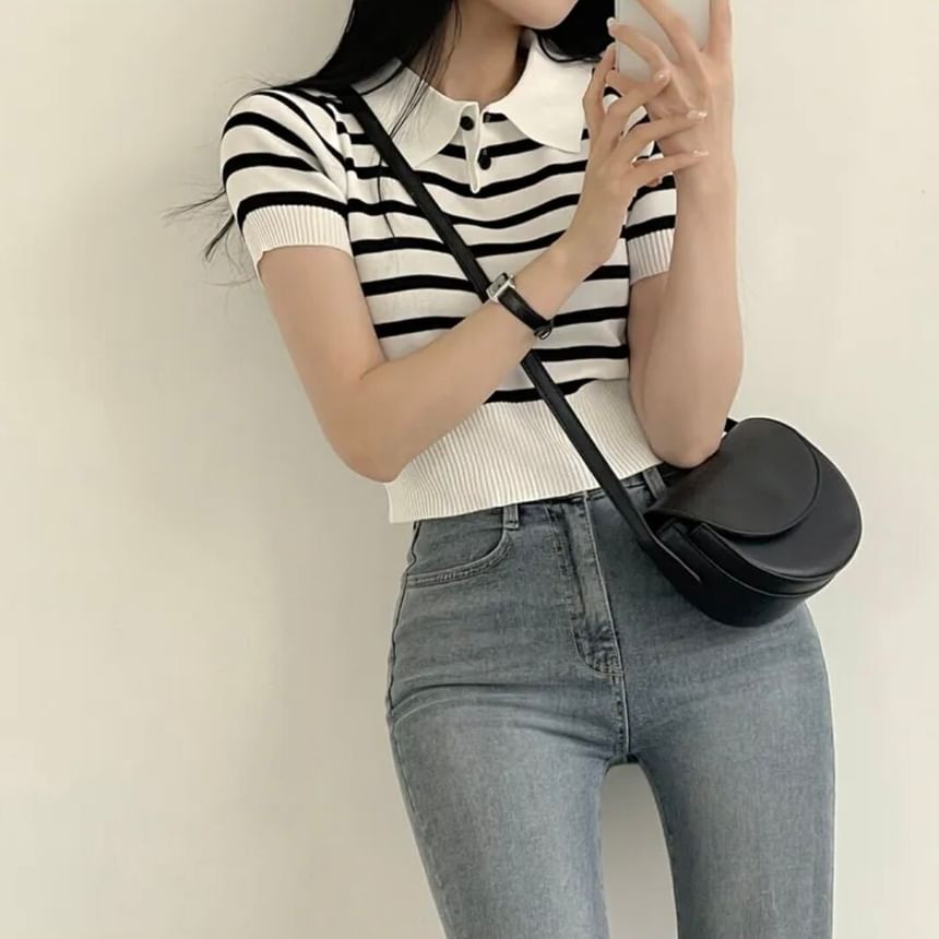 Striped Knit Polo Crop Top with Short Sleeves