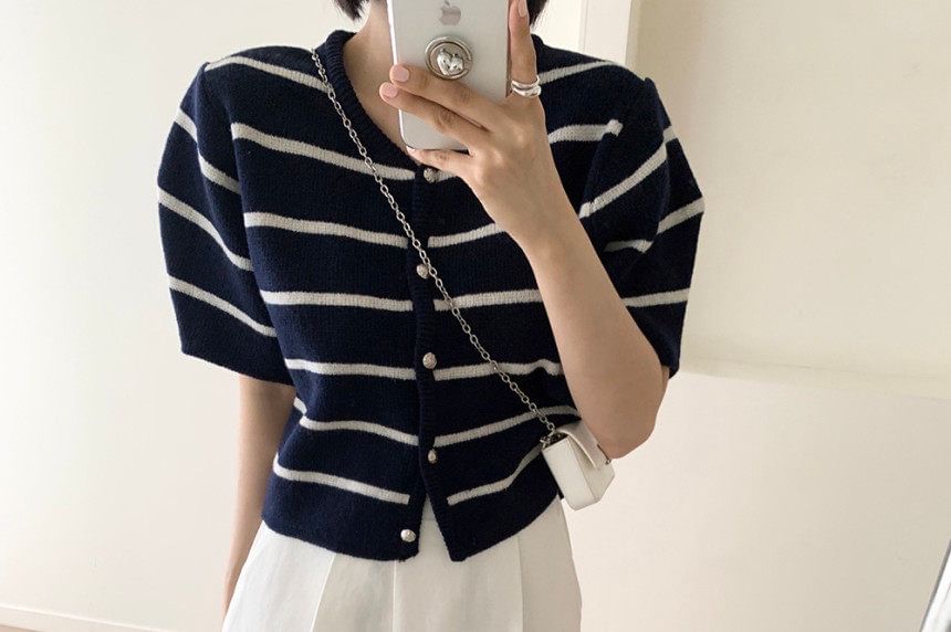 Striped Button-Down Knit Crop Top with V-Neckline