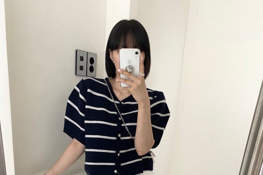 Striped Button-Down Knit Crop Top with V-Neckline