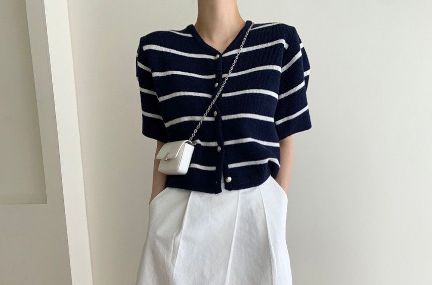 Striped Button-Down Knit Crop Top with V-Neckline