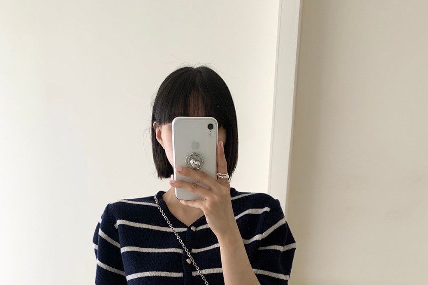Striped Button-Down Knit Crop Top with V-Neckline