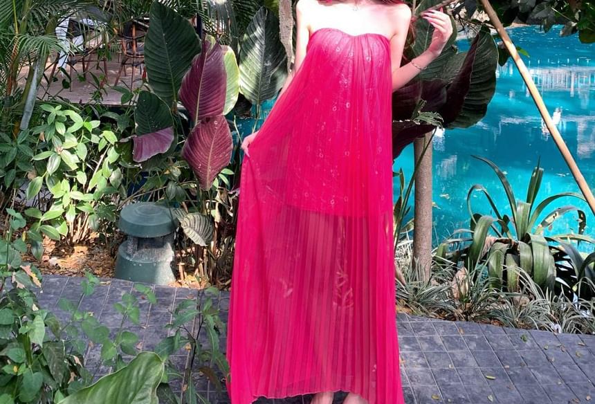 Plain Pleated Mesh Overlay Maxi A-Line Tube Dress