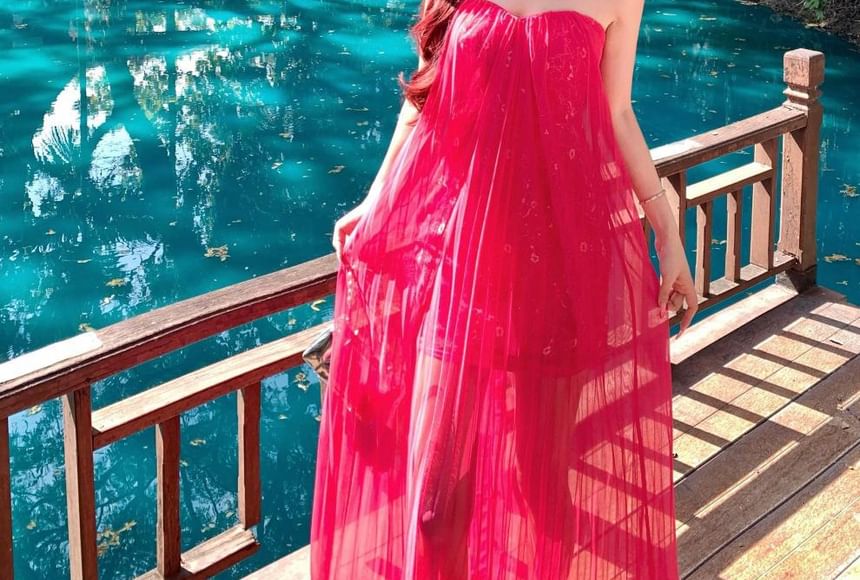 Plain Pleated Mesh Overlay Maxi A-Line Tube Dress
