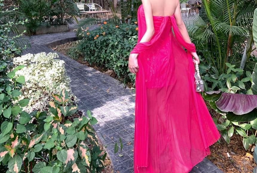 Plain Pleated Mesh Overlay Maxi A-Line Tube Dress