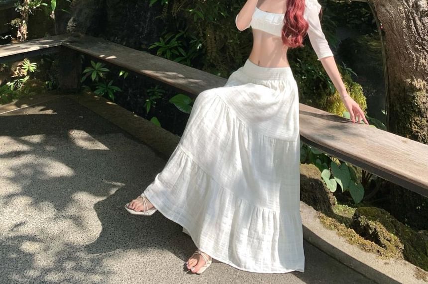 Scoop Neck Ruffle Crop Top & Tiered Maxi Skirt Set - Altfashion Shop