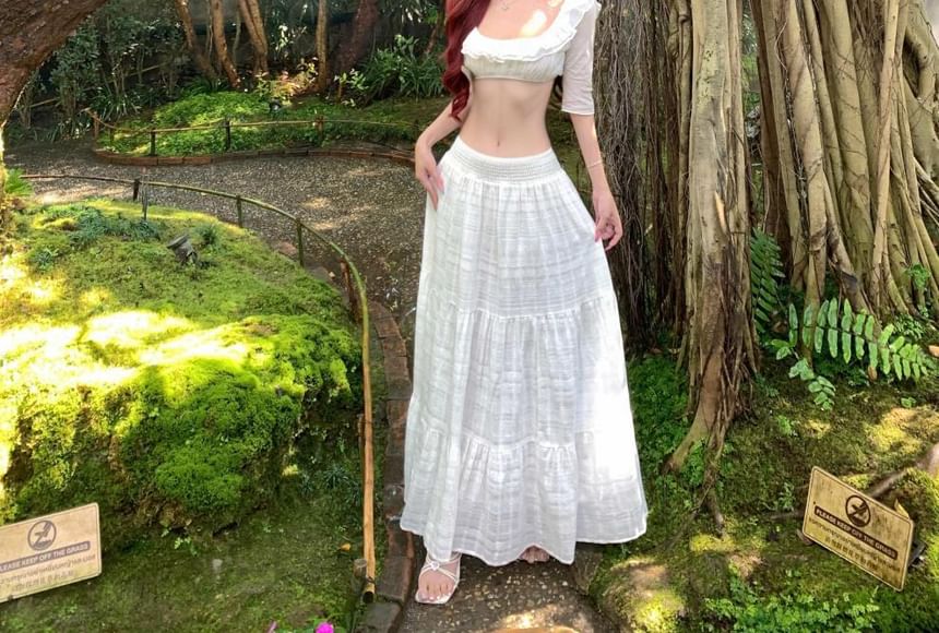 Scoop Neck Ruffle Crop Top & Tiered Maxi Skirt Set - Altfashion Shop