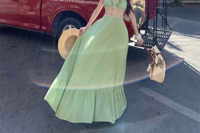 Sleeveless V-Neck Ruffle Panel Maxi A-Line Dress
