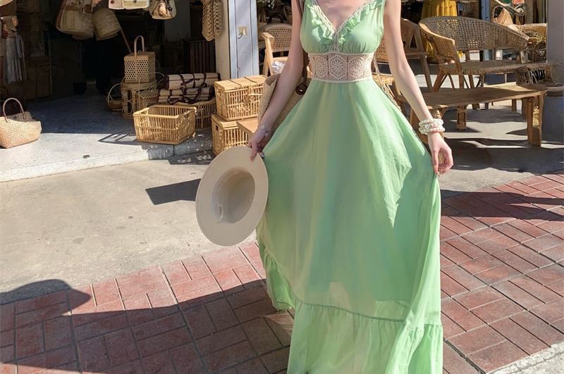 Sleeveless V-Neck Ruffle Panel Maxi A-Line Dress