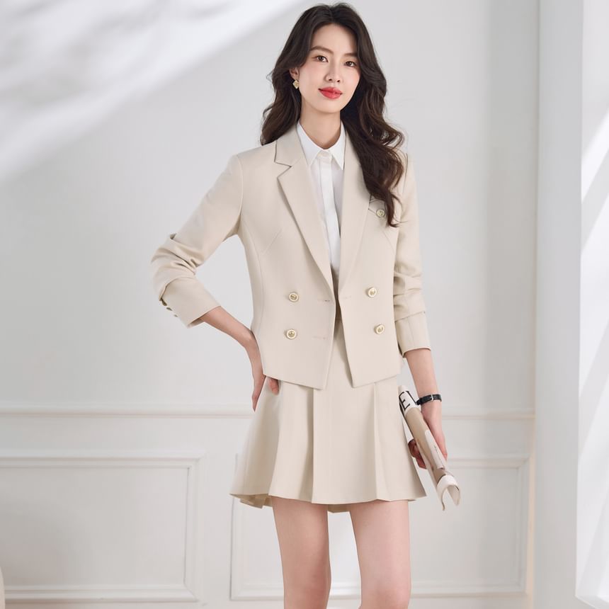 Double-Breasted Blazer & Pleated Mini Skirt Set - Altfashion Shop