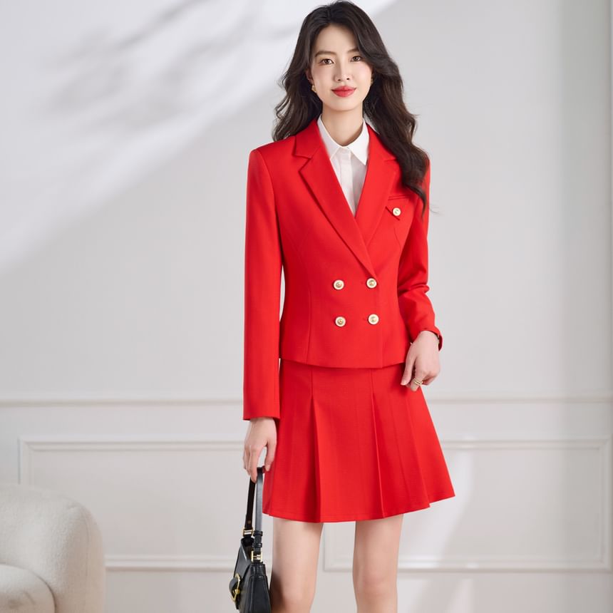 Double-Breasted Blazer & Pleated Mini Skirt Set - Altfashion Shop