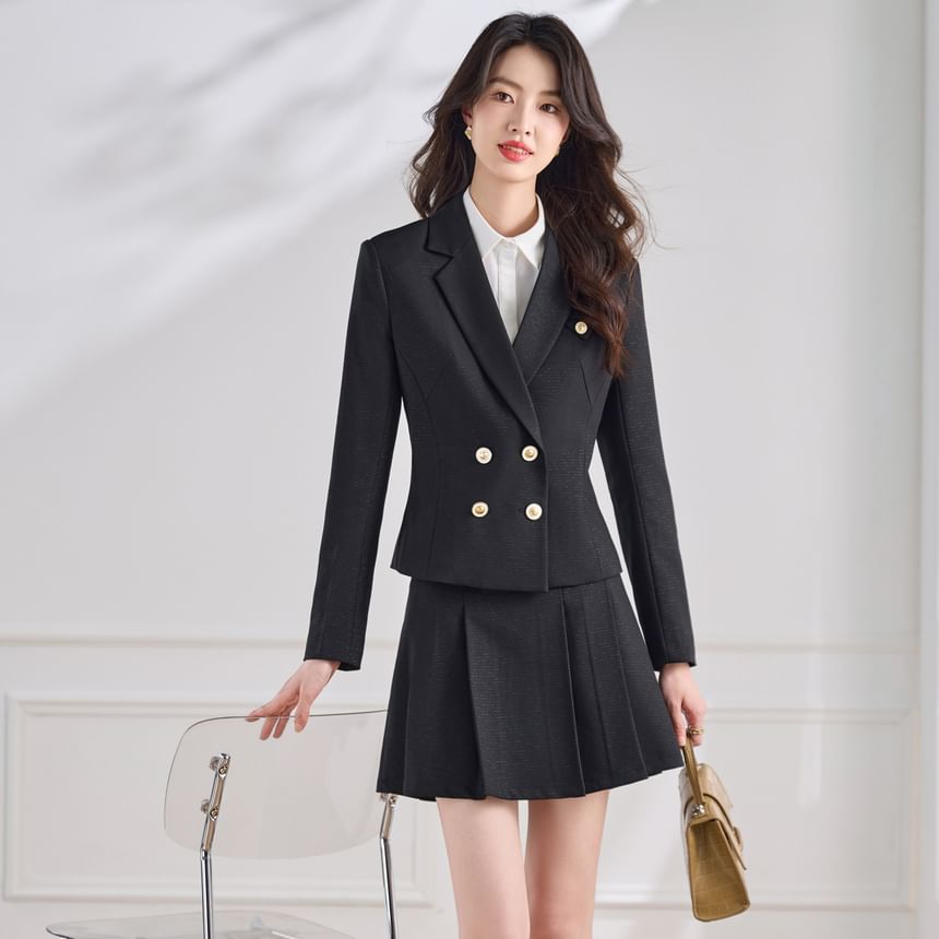 Double-Breasted Blazer & Pleated Mini Skirt Set - Altfashion Shop