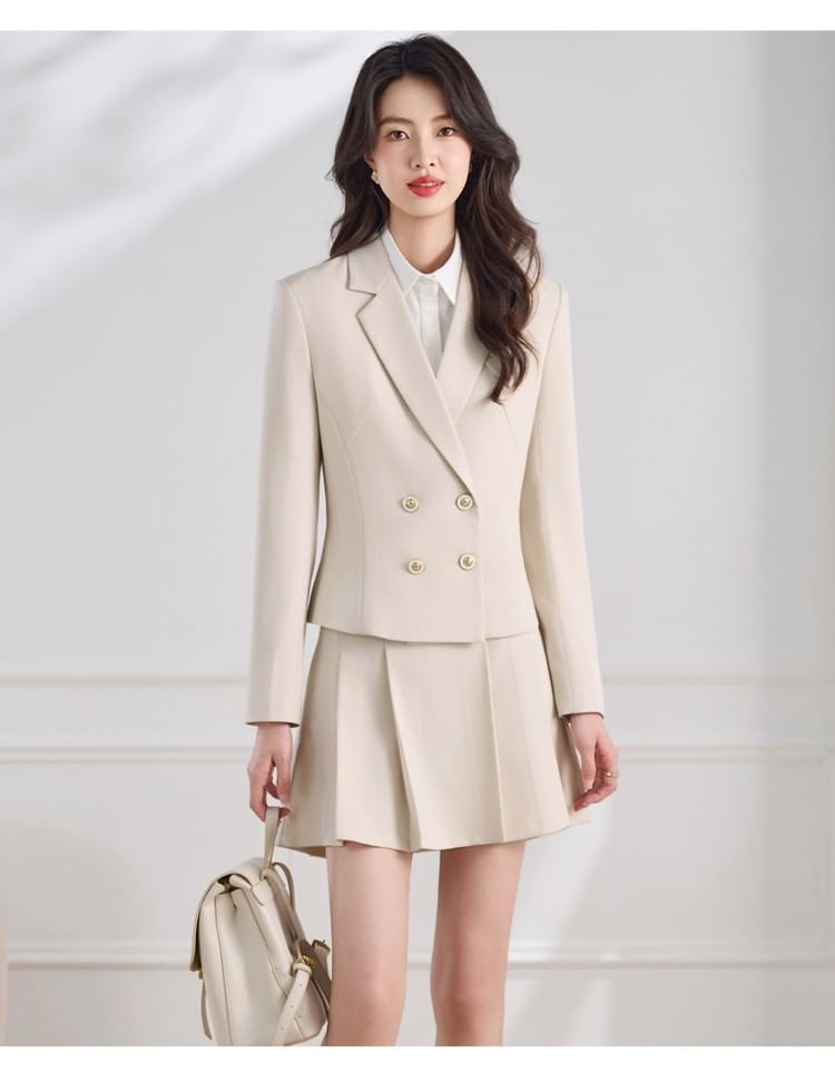 Double-Breasted Blazer & Pleated Mini Skirt Set - Altfashion Shop