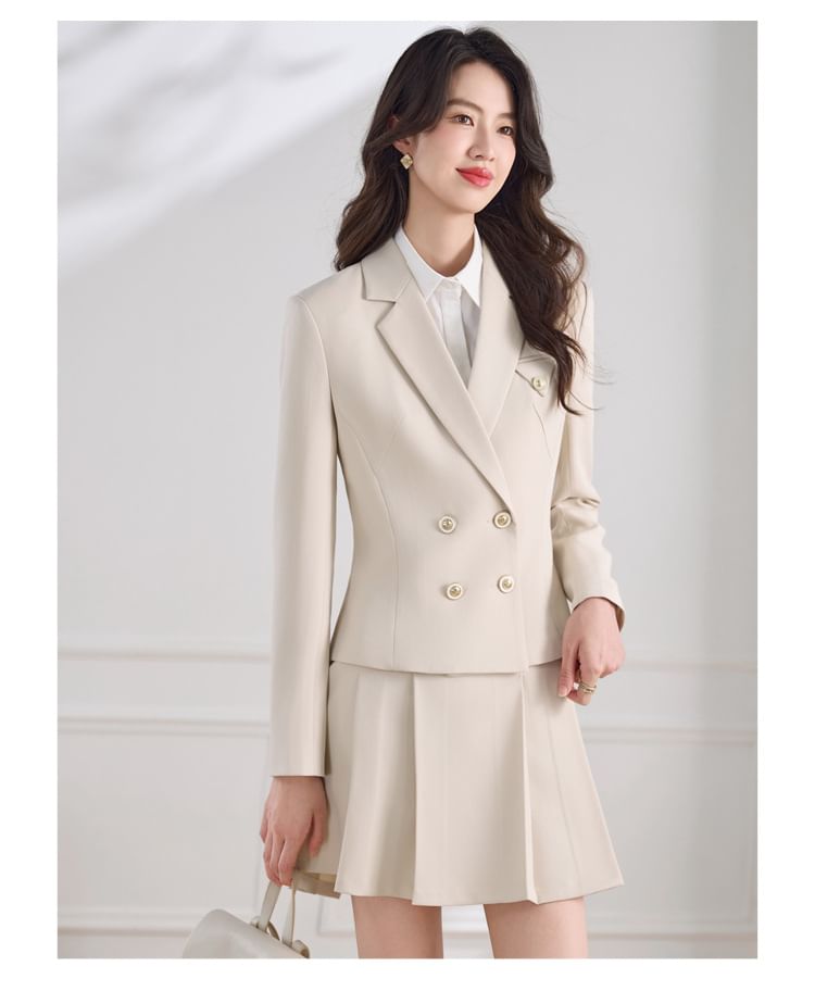 Double-Breasted Blazer & Pleated Mini Skirt Set - Altfashion Shop