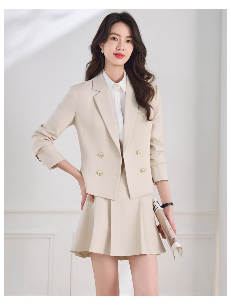 Double-Breasted Blazer & Pleated Mini Skirt Set - Altfashion Shop