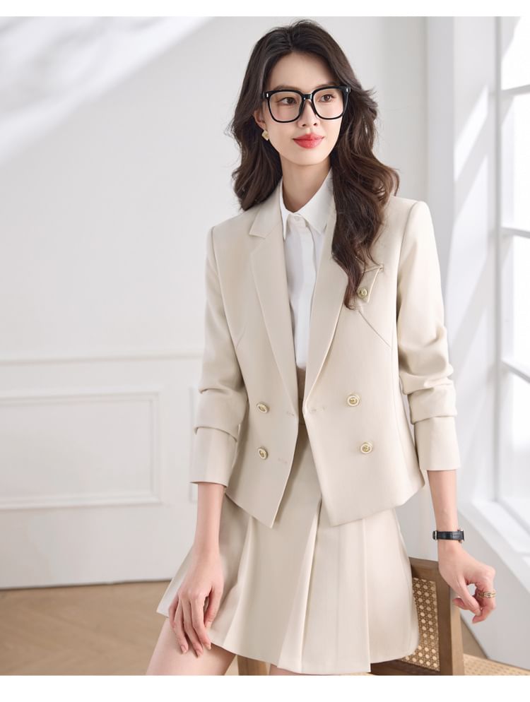 Double-Breasted Blazer & Pleated Mini Skirt Set - Altfashion Shop