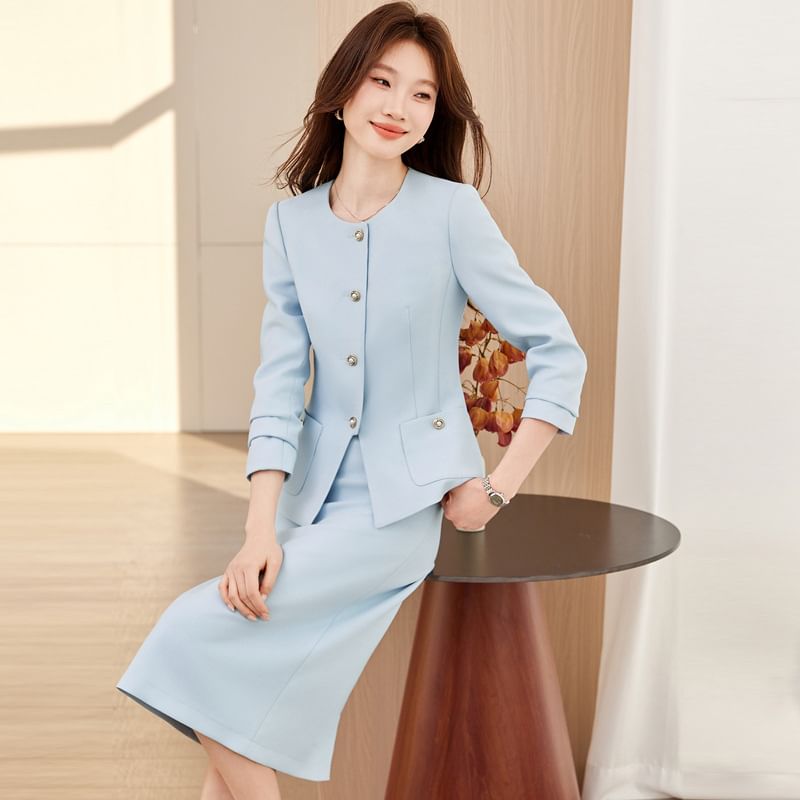 Faux Pearl Button Jacket & Pencil Skirt Set - Altfashion Shop