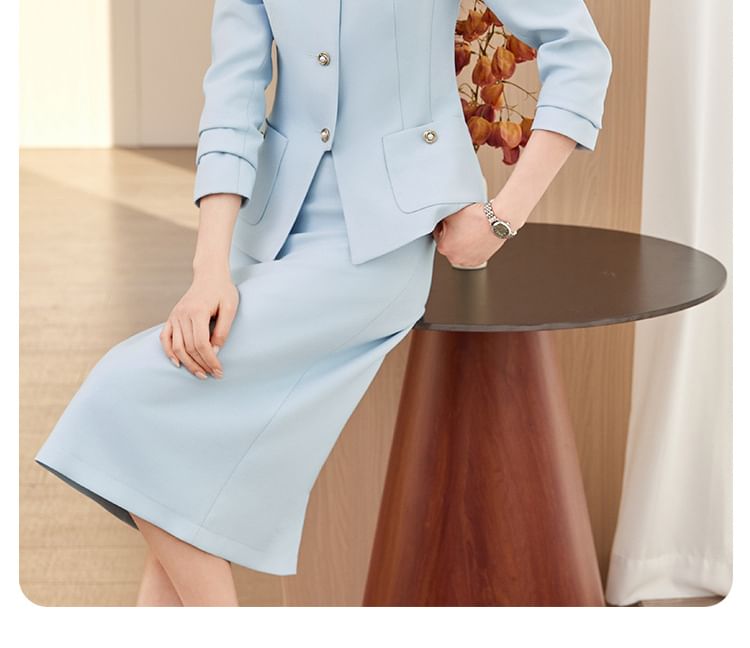 Faux Pearl Button Jacket & Pencil Skirt Set - Altfashion Shop