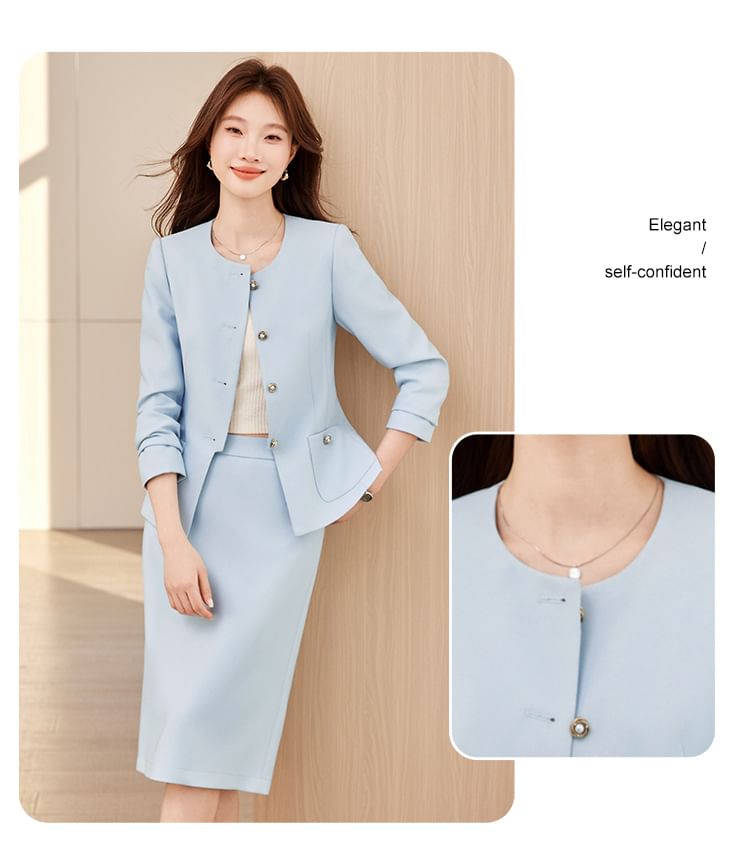 Faux Pearl Button Jacket & Pencil Skirt Set - Altfashion Shop