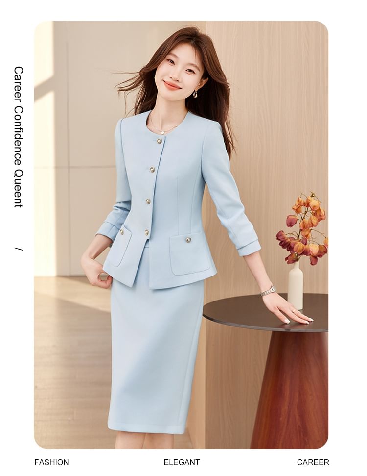 Faux Pearl Button Jacket & Pencil Skirt Set - Altfashion Shop