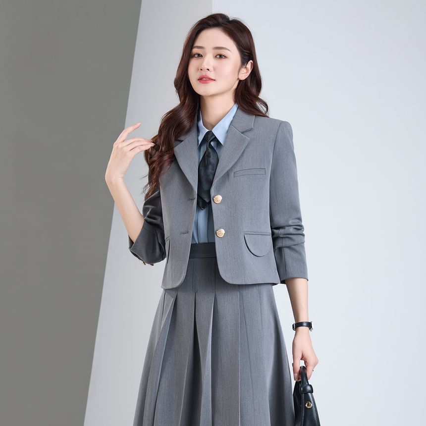 Notch Lapel Blazer & Pleated Midi Skirt Set - Altfashion Shop