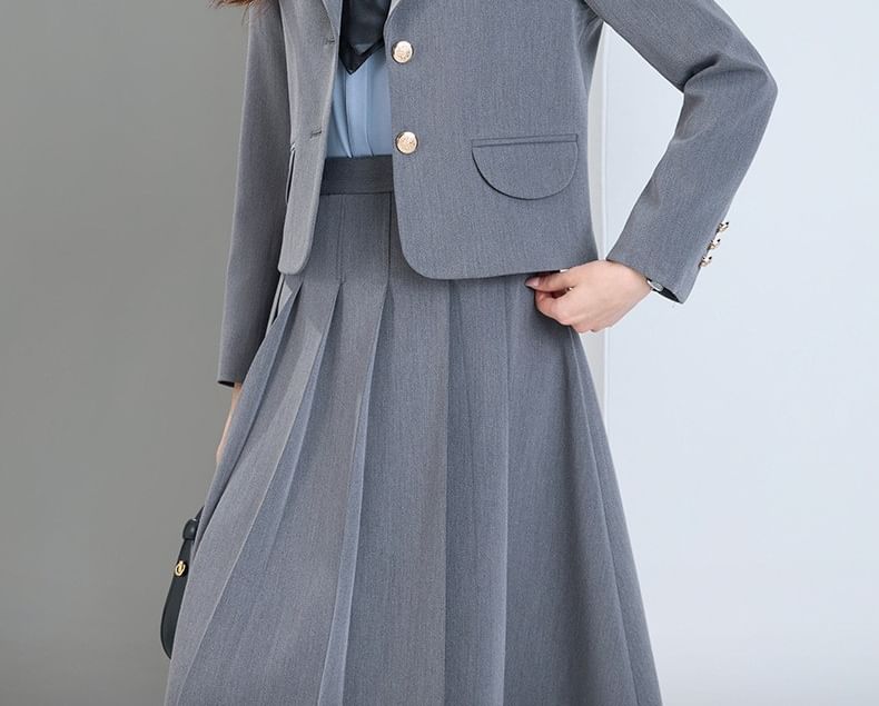 Notch Lapel Blazer & Pleated Midi Skirt Set - Altfashion Shop