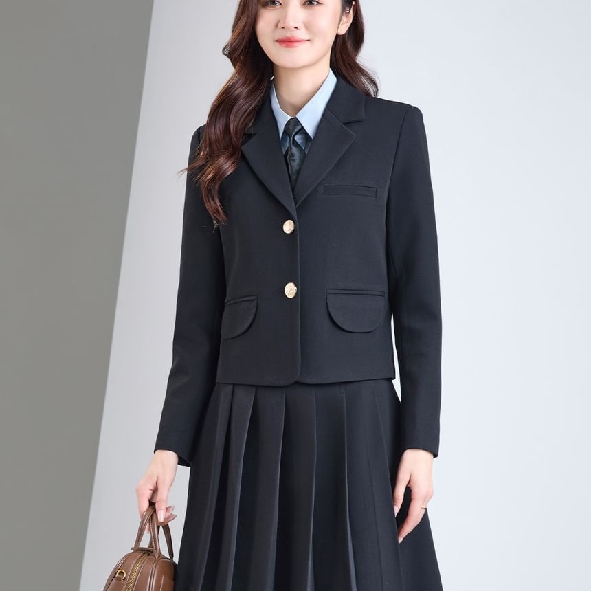 Notch Lapel Blazer & Pleated Midi Skirt Set - Altfashion Shop