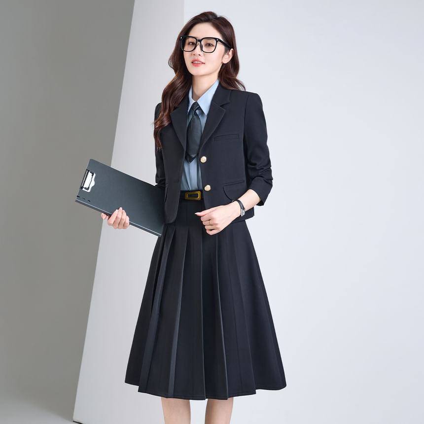 Notch Lapel Blazer & Pleated Midi Skirt Set - Altfashion Shop