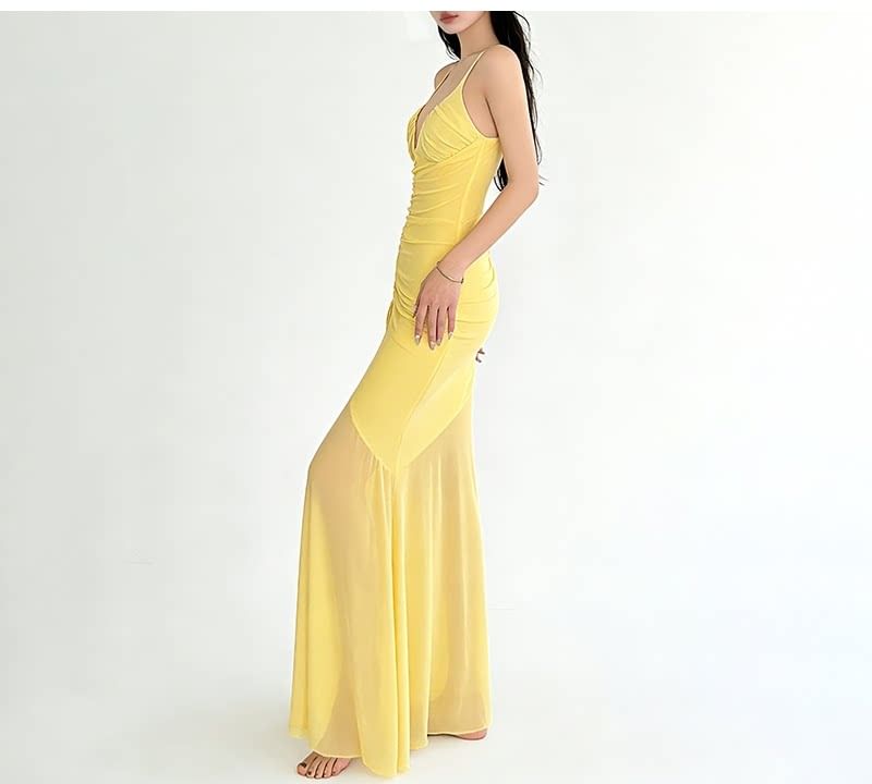 Halter Plain Side-Slit Drawstring Maxi Sheath Dress